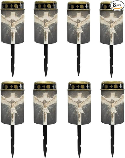 Poceacles 8 Pack Cross Solar Lights Solar Cemetery Lights Solar Grave Lights Outdoor Waterproof Decoration Pathway Lights Garden Solar Candle for Memorial Day Decor, God Wing Cross Vintage