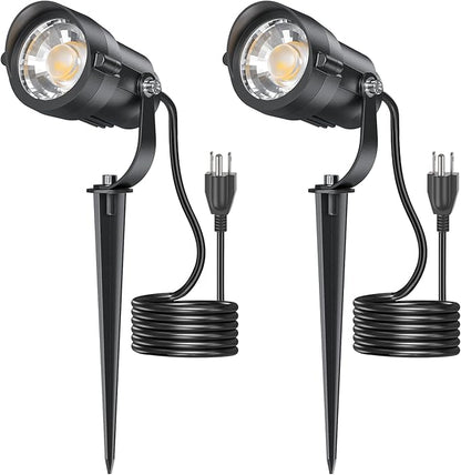 HIBOITEC 12W Spot Lights Outdoor 110V to 120V Landscape Lighting Waterproof Spotlight with 4.9ft 3-Plug LED Plug in Landscape Lights for Yard Gardern Decorations 2900K 2Packs