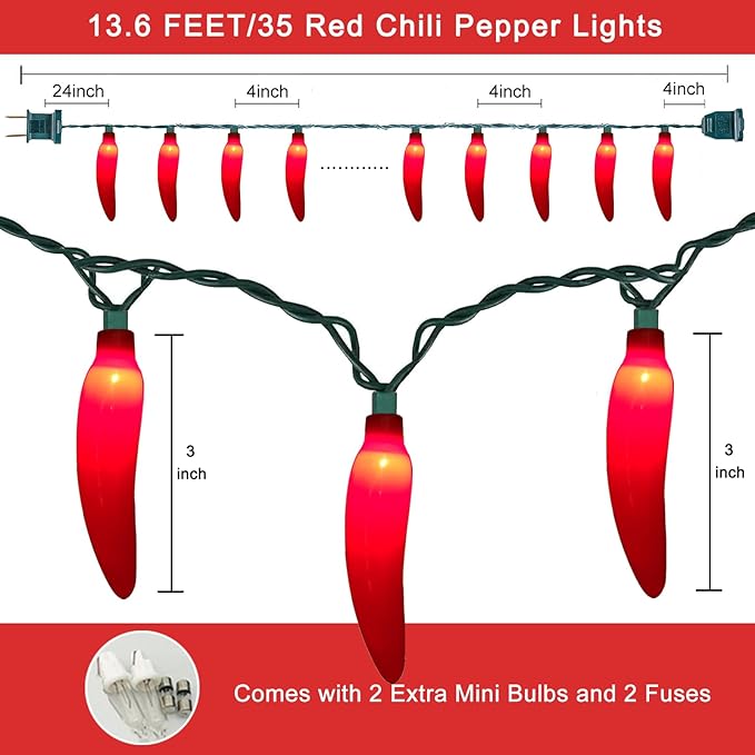 SUNSGNE Chili Pepper Christmas String Lights, 13.6FT Cinco De Mayo Lights with 35 Red Hot Chili Pepper Lights, Red Decorative String Lights for Outdoor Indoor Kitchen Patio Party Cinco De Mayo Decor