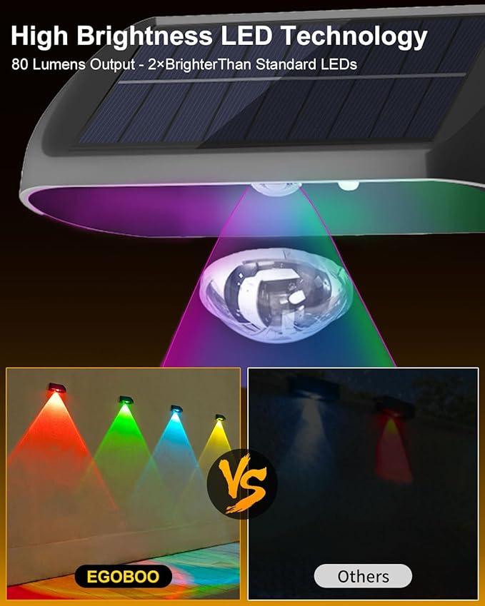 EGOBOO Solar Fence Lights Outdoor Waterproof 12 Pack, 7 Fixed Colors＆RGB Cycling Mode for Holiday Decor, Outside | Lumora