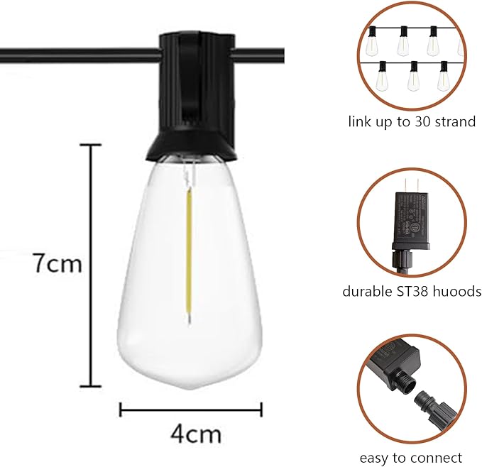 Outdoor String Lights ST38 50ft - LED Bulbs 25+1 Warm White 2700K, Waterproof and Shatterproof, Patio Garden Backyard Porch Party Christmas Vintage Outside Hanging