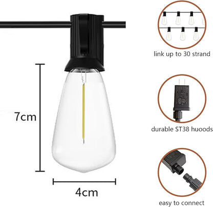 Outdoor String Lights ST38 50ft - LED Bulbs 25+1 Warm White 2700K, Waterproof and Shatterproof, Patio Garden Backyard Porch Party Christmas Vintage Outside Hanging