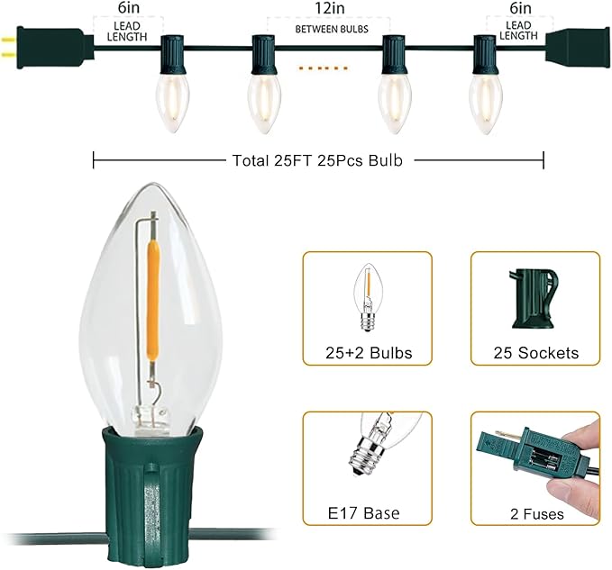 C9 LED Christmas Lights Outdoor 25FT, 25 Energy Efficient Warm White Vintage Bulbs, Connectable, Weatherproof for | Lumora