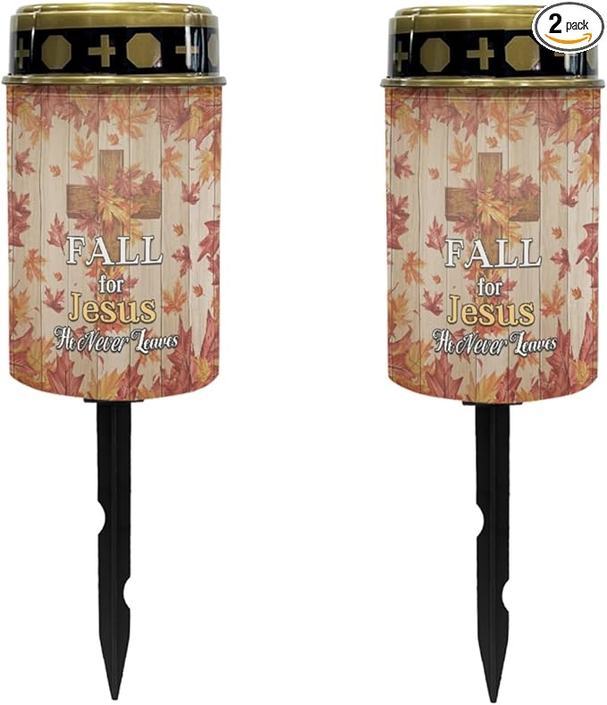 Fall Cross Maple Leaves Solar Garden Lights Outdoor Pathway Light for Yard Patio Driveway,Cemetery Decoration for Grave Flameless Warm White Lights LED Solar Lantern,Wall Light Auto On/Off