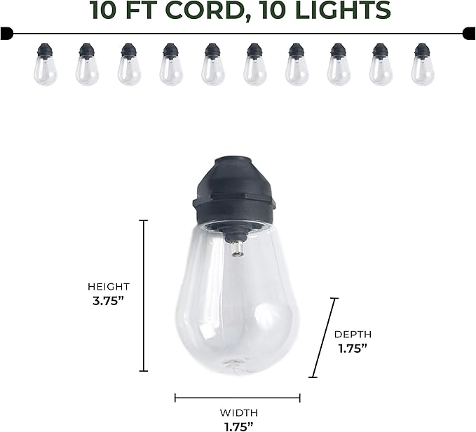 Rivers Edge Products Edison Bulb LED String Lights, 10-Bulb Decorative Fairy Lights with 2 Extra Bulbs, 1-FT Hanging Lights for Bedroom, Patio, or Deck, Indoor or Outdoor Home Decor