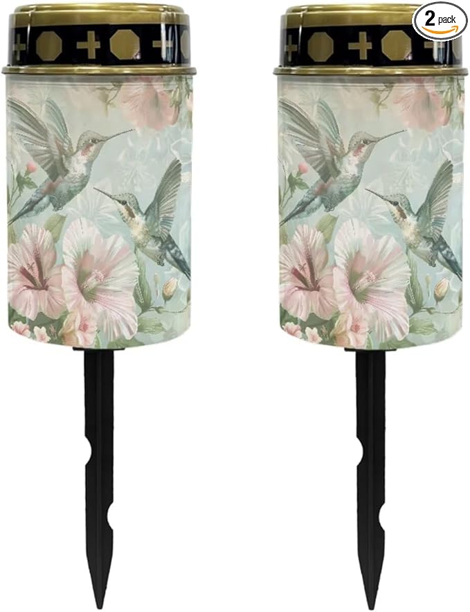 Poceacles Solar Lights Solar Cemetery Lights Solar Grave Lights Outdoor Waterproof Decoration Pathway Lights Garden Solar Candle for Memorial Day Decor, Hummingbird Hibiscus Green, Pack of 2