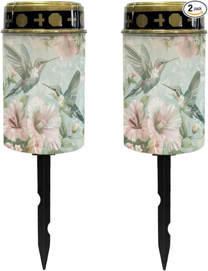 Poceacles Solar Lights Solar Cemetery Lights Solar Grave Lights Outdoor Waterproof Decoration Pathway Lights Garden Solar Candle for Memorial Day Decor, Hummingbird Hibiscus Green, Pack of 2