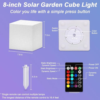 8-in Garden Solar Cube Light Outdoor, Waterproof Solar Cube Lamp for Outside w/Remote, 16 RGB Color 4 Mode Glow Tesseract Cosmic Cubes, Illuminate Cubes Mood Lamp w/Ground Stake for Patio Yard Pathway