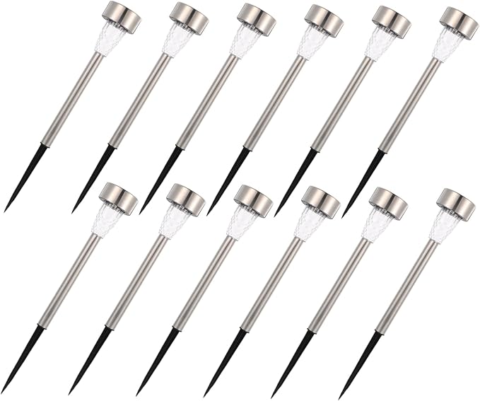 POPETPOP 12pcs Solar Powered Landscape Lights Stainless Steel Outdoor Pathway Lighting Kit for Patio Garden Solar Garden Lights with Automatic Charging and White LED Brightness