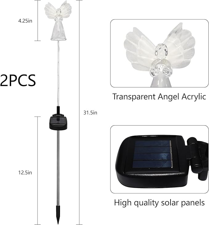 2 Pack Solar Angel Lights Outdoor, Solar Powered Color Changing Garden Stake Lights, Waterproof Memorial Decorative Lights for Cemetery Grave Yard Patio