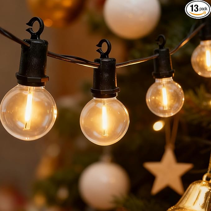 25Ft Christmas LED G40 Globe Outdoor String Lights Waterproof Patio Lights with 13 Warm White Bulbs, Hanging Light for Backyard Balcony Wedding Christmas Party Decorations Xmas Tree Black Wire