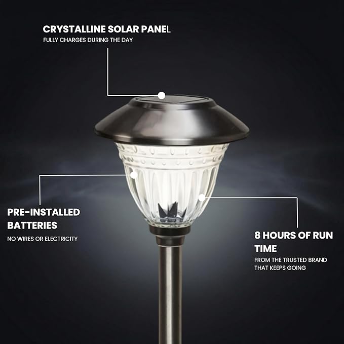 Energizer Solar Outdoor Garden Lights - 10 Pack LED Driveway Solar Lights with 10 Lumen Output, Patterned Glass & Metal Finish, Waterproof & Easy to Install Garden Lights for Outside - Stainless Steel