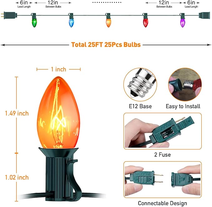 C7 Multicolor Christmas Lights Outdoor, 25FT Vintage String Lights with 27 Clear Colorful Bulbs for Patio, Garden, Porch Decor, Waterproof Connectable, Classic Incandescent Glow
