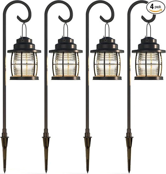 GOODSMANN Landscape Lighting Kits 4PK 12V AC Low Voltage Outdoor Hanging Path Lights 1.1W LED 32 Lumen 2900K Warm White Metal Dual Use Shepherd Hook Pathway & Sidewalk Lights Wired Cable Connectors