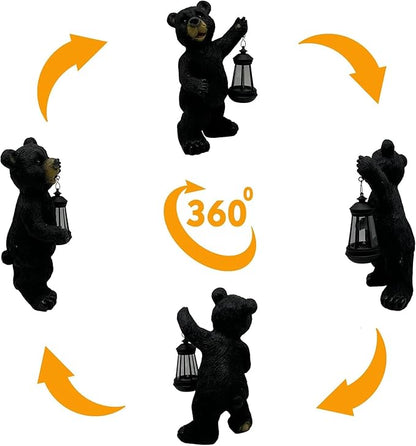 Solar Black Bear Garden Statue with LED Lantern - 14'' Outdoor Resin Animal Sculpture, Auto-On/Off Solar-Powered Waterproof Lawn Decor, 10-12H Long-Lasting Lighting for Patio/Yard/Porch