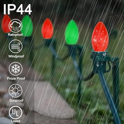 Couah C7 Christmas String Lights, 25FT Vintage Ceramic Christmas String Light Set 27 Red＆Green Bulb C7 Light(2 Spare) for Outdoor Holiday Party Wedding Decoration, Green Wire