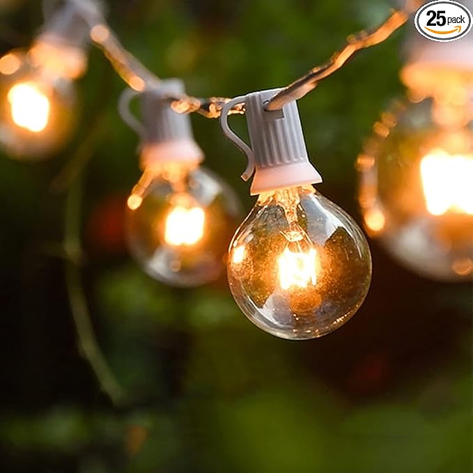 Abeja 50FT G40 Patio String Lights, 5W Outdoor Patio White String Lights with 25 Clear Bulbs（5 Spare Bubbles）, E12 Base, UL Listed Connectable Backyard Lights for Indoor Outdoor Decor (White Wire)
