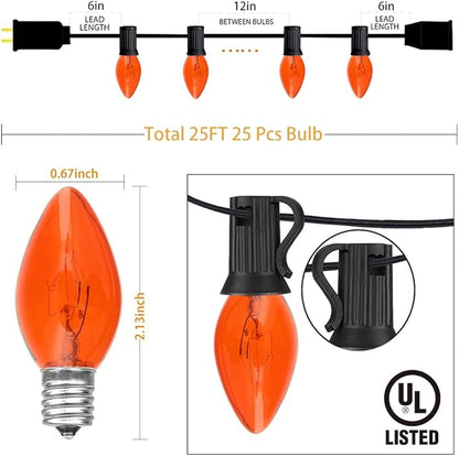 Halloween Orange String Lights Outdoor, 25Ft C7 Halloween Decorations Lights with 27 Clear Orange Bulbs (2 Spare), Waterproof Vintage Christmas Lights for Patio Party Holiday Garden- Black