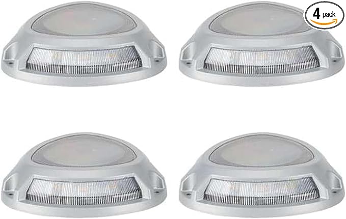 Step Light with Motion Sensor, Set of 4 Driveway Lights, Grey Cast Aluminum, 25 Lumen Solar Lights for Outdoor Steps, Patio, Boat Dock, Pool Deck, Pathways