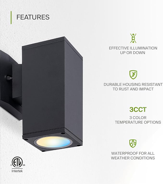 ASD 1 Light Square LED Indoor & Outdoor Wall Light Fixture | 9W 1000LM 3000K-5000K 120V Cylinder Up Down Lights | Dimmable Waterproof Exterior Wall Sconce | Front Door, Porch, Patio | Black, ETL