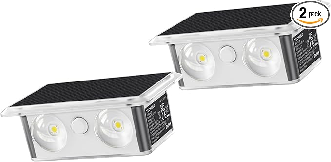 TECKNET Solar Fence Lights 2 Pack, 8 Modes RGB Color Changing, Up Down Lights & 200°Wide Lighting, IP66 Waterproof Dual-Lens LED Decorative Lights for Wall/Garden/Fence/Patio/Backyard