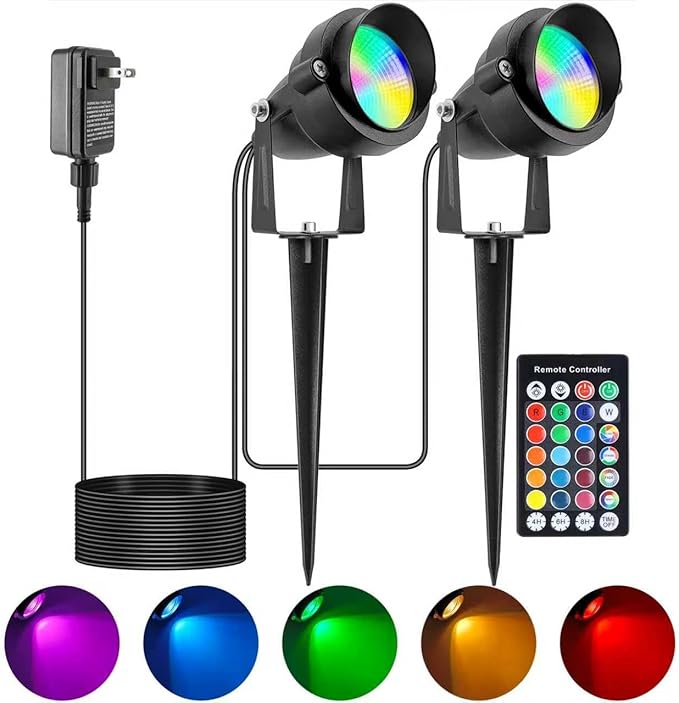 Outdoor Christmas Spot Lights with Timer, 10W Metal RGB LED Landscape Spotlights with 16 Color Changing for Yard, House, Garden, Holiday Decor (2 Lights)