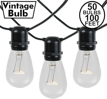 Novelty Lights 100 Feet, 50 in-Line E26 Sockets, S14 String Light Set with Clear Incandescent Bulbs, Heavy Duty Black Wire Patio Lights, Weather Resistant, Non-Connectable