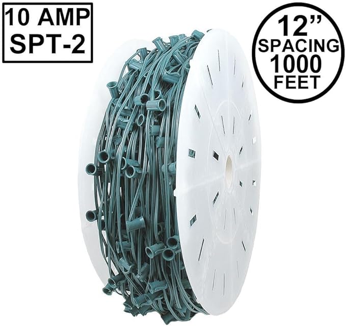 Novelty Lights 1,000 Feet C7/E12 Socketed Wire Spool, 12 Inch Spacing, Green Wire 10 Amp SPT-2 Commercial Grade | Lumora