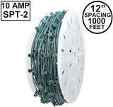 Novelty Lights 1,000 Feet C7/E12 Socketed Wire Spool, 12 Inch Spacing, Green Wire 10 Amp SPT-2 Commercial Grade | Lumora
