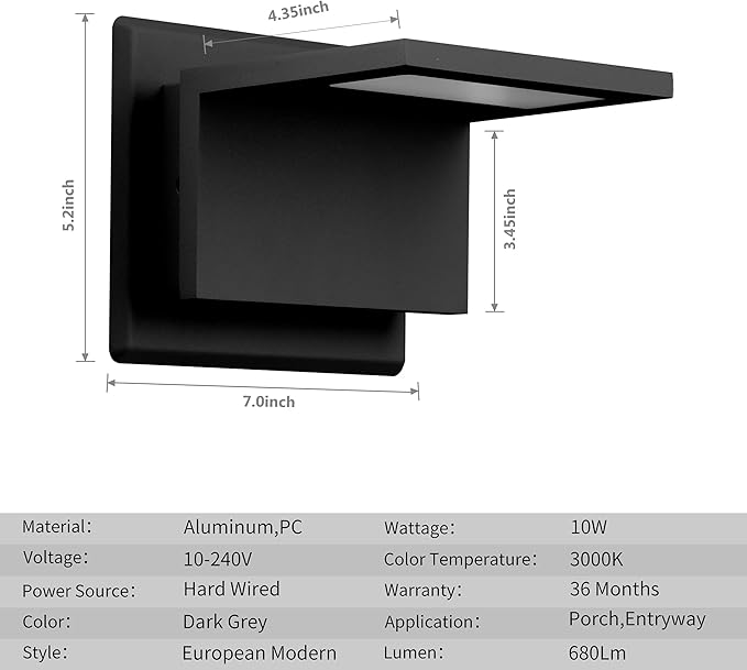 Wall Light Outdoor LED Wall Mount Lamp Black Modern Wall Mount Sconce Lantern Fixture for Porch Front Door Garden Yard Patio IP54 Waterproof 10W 680Lm 3000K