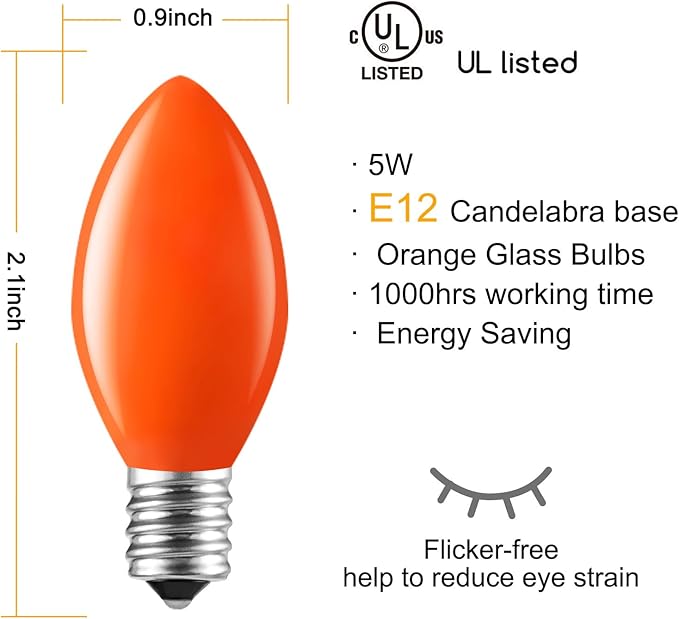 Minetom Halloween C7 Replacement Light Bulbs 25 Pack, C7 Bulbs Clear Incandescent Bulb for Halloween String Light | Lumora