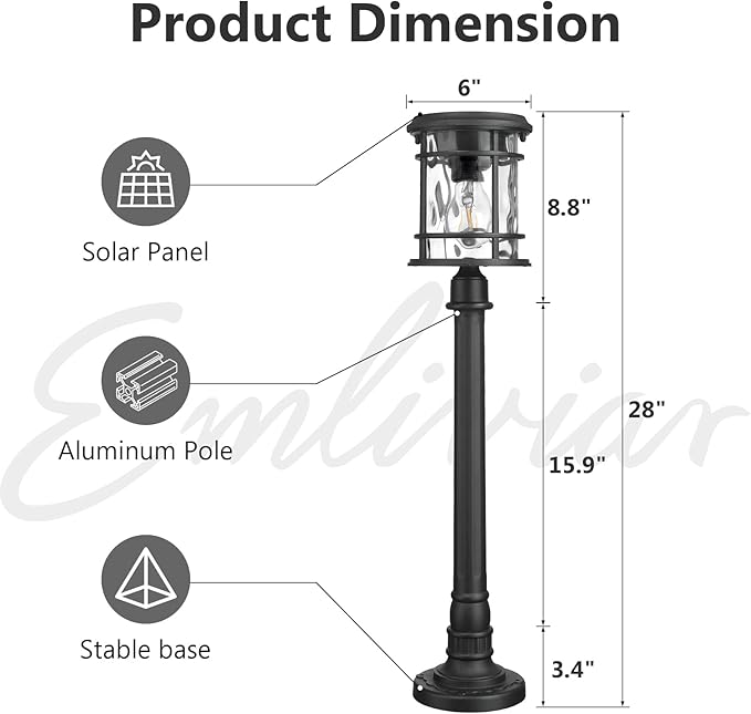 Emliviar Outdoor 28“ Solar Powered Floor Lamp for Patios, Portable Cordless Solar Pathway Light Outside with Water Ripple Glass, Black LED Post Lantern 2700K for Yard, Balcony, XE229PL-S SL BK