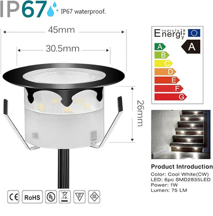 Deck Lights Outdoor Waterproof Low Voltage Lighting Kit Stainless Steel 1W Outdoor Yard Garden Decoration Lamps Landscape Pathway Patio Step Stairs Black Border(10pcs,Cool White)