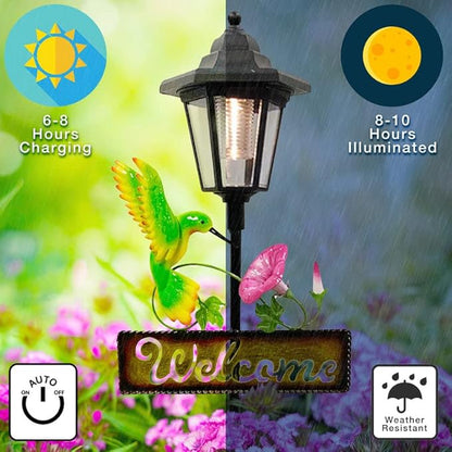 Crosslight Solar LED Hummingbird Welcome Sign - Weatherproof Garden Stake Light for Outdoor Decoration - Decor for Yard, Lawn, Patio, Pathway, Backyard | Warm White