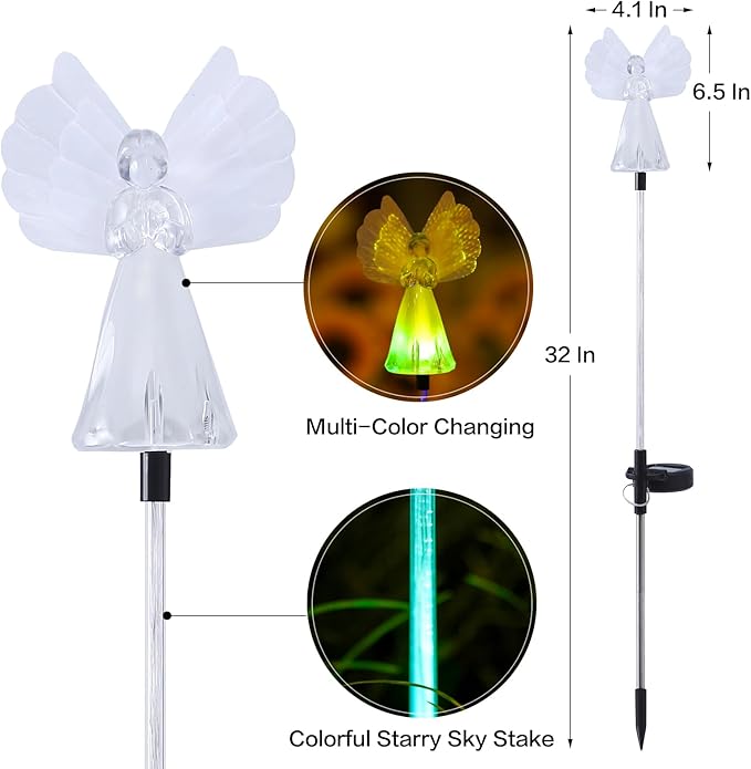 Outdoor Solar Garden Lights,4 Pack Solar Angel Decorative Lights, IP67 Waterproof Color Changing LED Solar Outdoor Lights,Solar Stake Lights for Cemetery Grave Garden Patio Yard Lawn Decoration