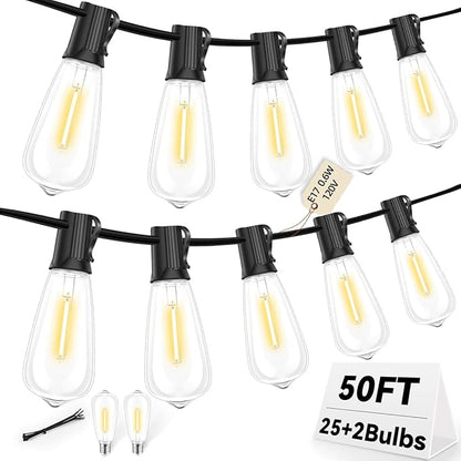 50FT Outdoor LED String Lights,Vintage ST40 LED Bulbs (25+2 Spare),Shatterproof Plastic,E17 Socket,2700K Warm White-Ideal for Patio,Porch,Deck,Gazebo,Bistro,Backyard,Wedding&Party Décor