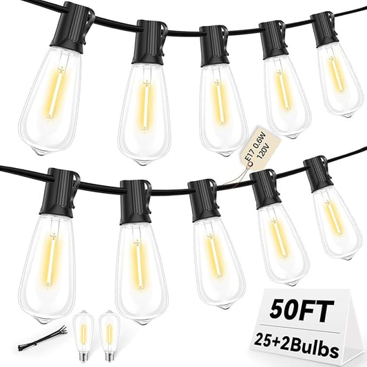 50FT Outdoor LED String Lights,Vintage ST40 LED Bulbs (25+2 Spare),Shatterproof Plastic,E17 Socket,2700K Warm White-Ideal for Patio,Porch,Deck,Gazebo,Bistro,Backyard,Wedding&Party Décor