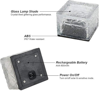 4 Pack Solar Path Ice Cube Lights Outdoor, Waterproof Glass LED Glass Clear Brick in-Groud Buried Festive Light Night Lamp for Garden Courtyard Pathway Patio Pool Pond Decoration(White)