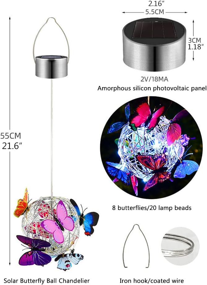 Solar Lighted Hanging Mesh Orb with LED Colorful Butterfly Roaming Light Solar Garden Patio Hanging Ball Home Outdoor Yard Ornament