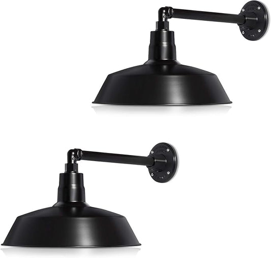 14in. Satin Black Outdoor Gooseneck Barn Light Fixture with 13in. Long Extension Arm - Wall Sconce Farmhouse, Vintage, Antique Style - UL Listed - 9W 900lm A19 LED Bulb (5000K Cool White) - 2-Pack