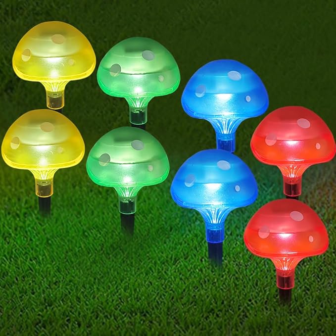Bright Zeal 8-Pack Mushroom Solar Lights Outdoor Waterproof (8.5" Tall, 4" Wide) - Mushroom Solar Lights Outdoor Garden Red Green Yellow Blue - LED Garden Lamps for Outside Fairy Stake Lamps