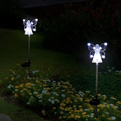 2pcs Fairy Garden Ornaments Outdoor Solar Pathway Lights, Flower Fairy Resin Figurine Lamp for Courtyard Lawn, Commemorate Gift (Purple)