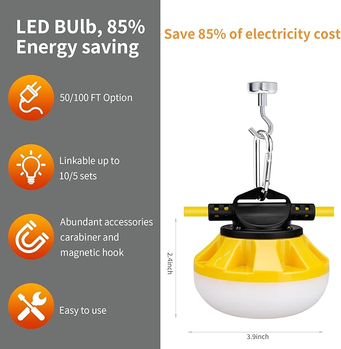 [3-Prong] 100ft LED Construction String Lights, 100W 14000lm LED String Work Lights - Outdoor Security Flood Light | Lumora