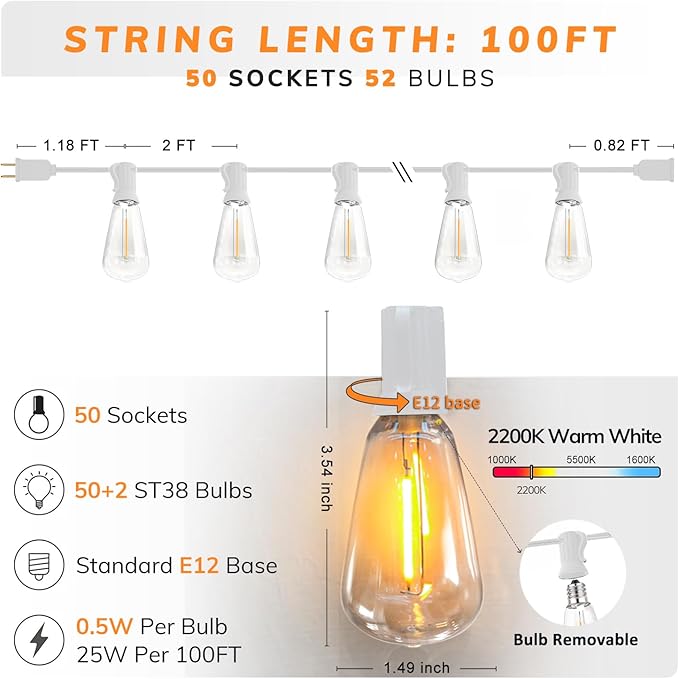 Achin Outdoor String Lights White 100Ft LED Patio Lights Outdoor Waterproof with 50+2 Shatterproof ST38 Bulbs 2200K | Lumora