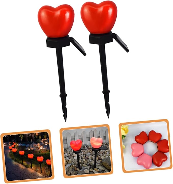 Mikikit 2pcs Heart Shape Solar Lamps for Solar Outdoor Lights Pathway Stake Romantic for Patio Landscape Decor