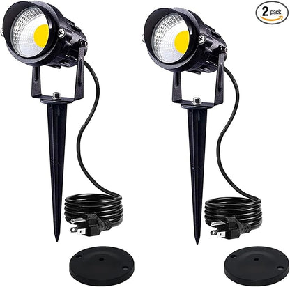HANNAHONG 5W AC120V Landscape Up Down Spot-Light with Spiked Stand and Base,Warm White LED for Lawn Garden,Yard Step Wall Outdoor Lighting Lamp,5 Ft Cable with Plug,Waterproof (2 Pack)