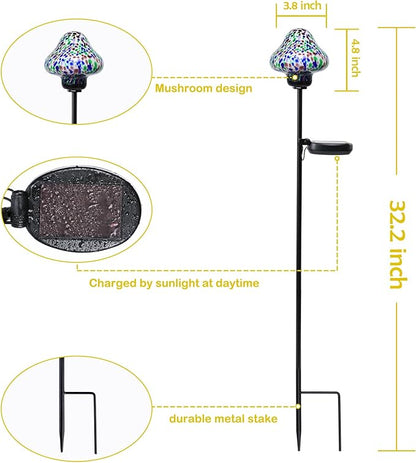 Solar Outdoor Lights Decorative Solar Glass Mushroom Lights Waterproof LED Waterproof Garden Stake Light for Walkway Pathway Lawn Patio Yard Decorations 2 Pack Multi