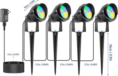 Outdoor Spotlights Yard Spot Lights with Timer Colored Warm White 20W RGB LED Landscape Light IP65 Waterproof Uplight with Spiked Stand for Lawn House Flag Pathway Porch Christmas (4 Lights)