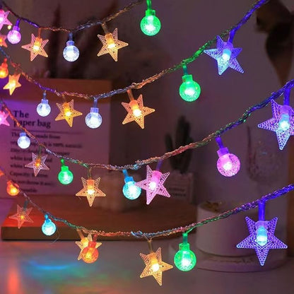 Festival Lights, Battery Powered Fairy Lights 33ft 80LED, Outdoor Waterproof String Lights with Remote, 8 Modes for Indoor, Garden, Patio, Camping, Xmas Decor (Stars+Colored Crystal Ball B)