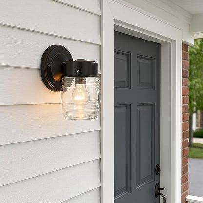 Design House 505198 Jelly Jar Classic 1-Light Indoor/Outdoor Wall Light with Clear Ribbed Glass for Entryway Porch Patio, Oil Rubbed Bronze